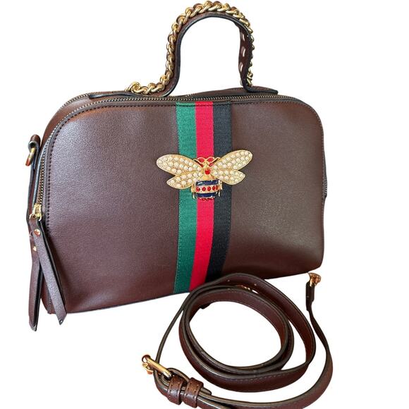 Bee Handbags - Queen Bee Stripe Crossbody Boxy Satchel Bag Purse Designer-Inspired